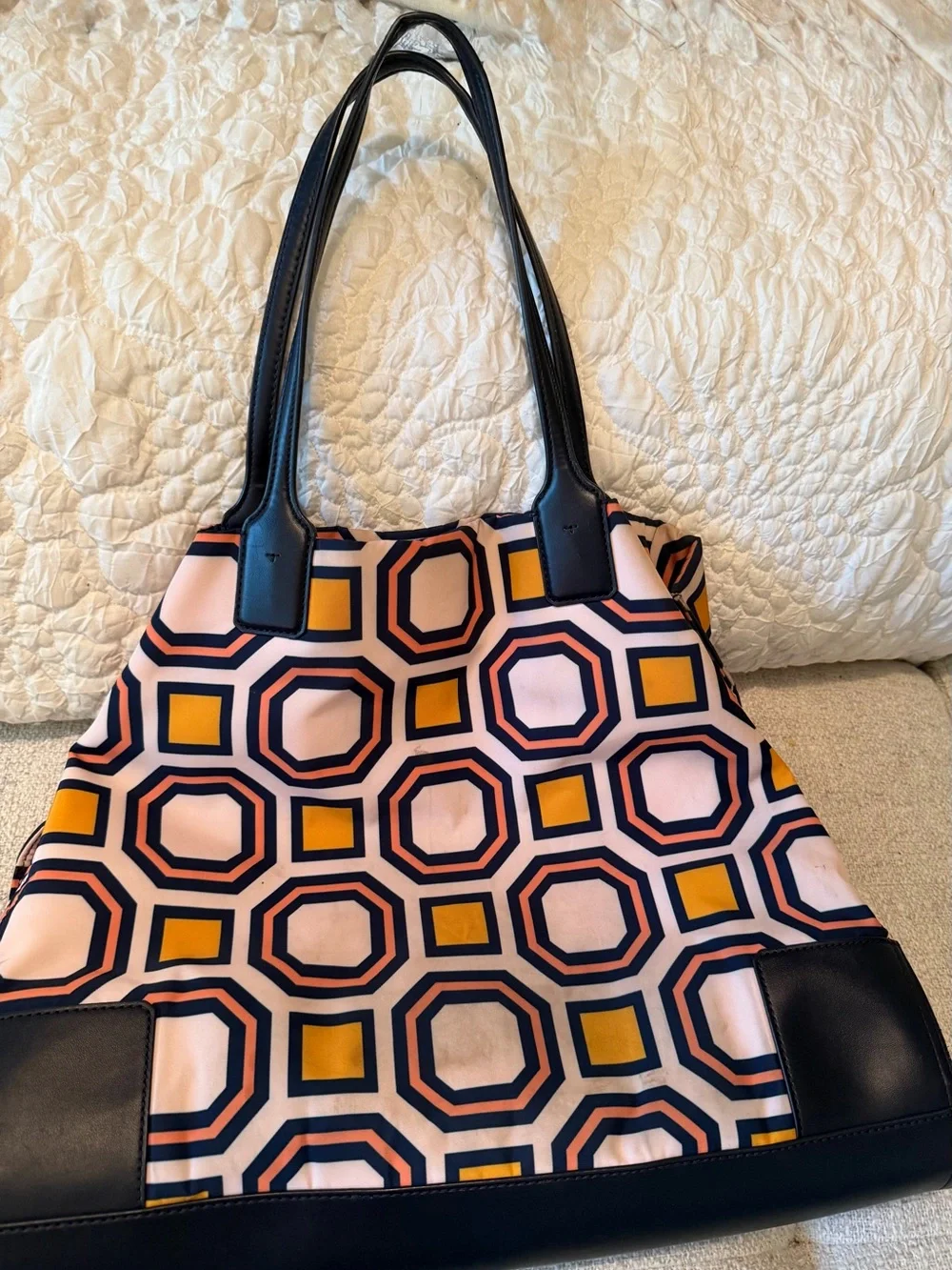 Tory Burch Ella Tote. Pink, Navy & Yellow Geometric Logo Tote